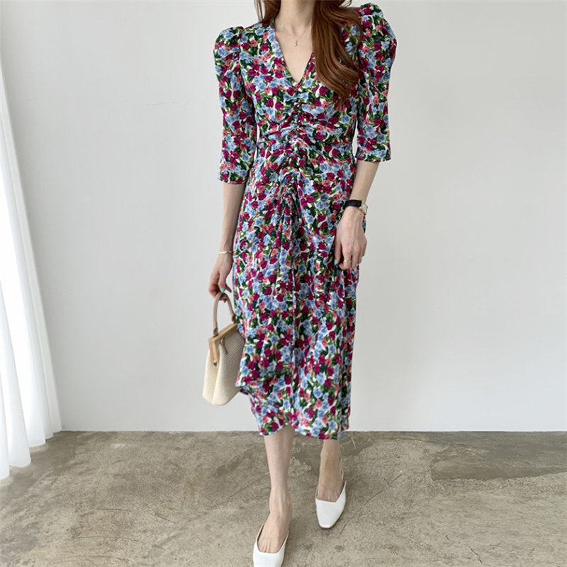 Elegance Chic All Match Chiffon Casual Florals Sexy V-Neck Summer Office Lady Retro Vintage Women Dresses 210421
