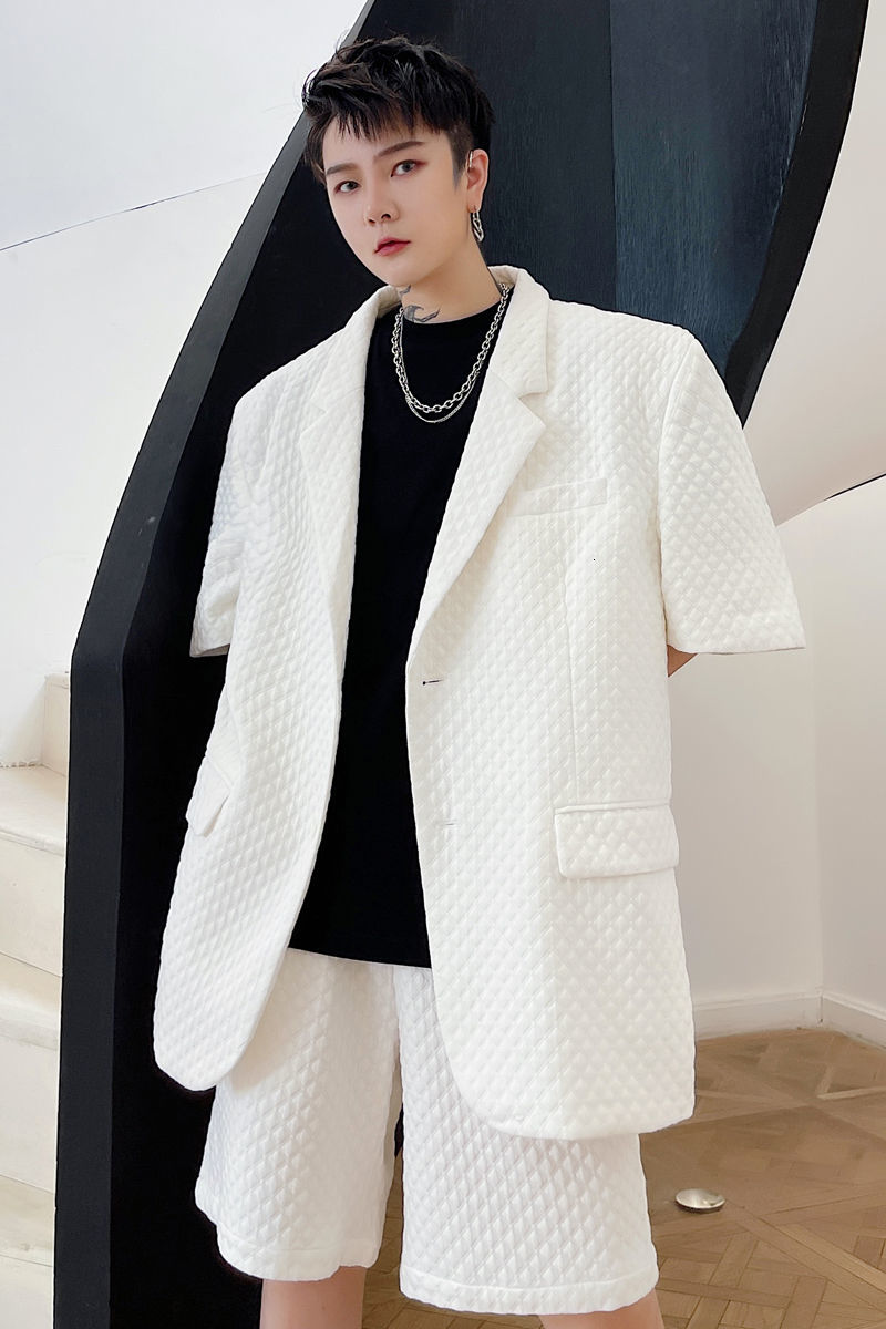 IEFB Summer Solid Color Men's Blazer Diamond Embossed Male Short Sleeve Suit Coat Loose Causal Korean Big Size Man Clothing 210524