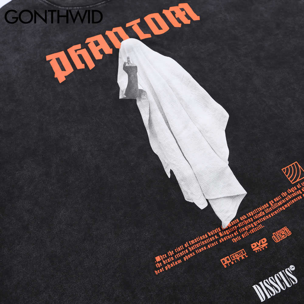 GONTHWID Tshirts Hip Hop Distressed Middle Finger Ghost Streetwear Tees Shirts Harajuku Hipster Casual Cotton Short Sleeve Tops 210707