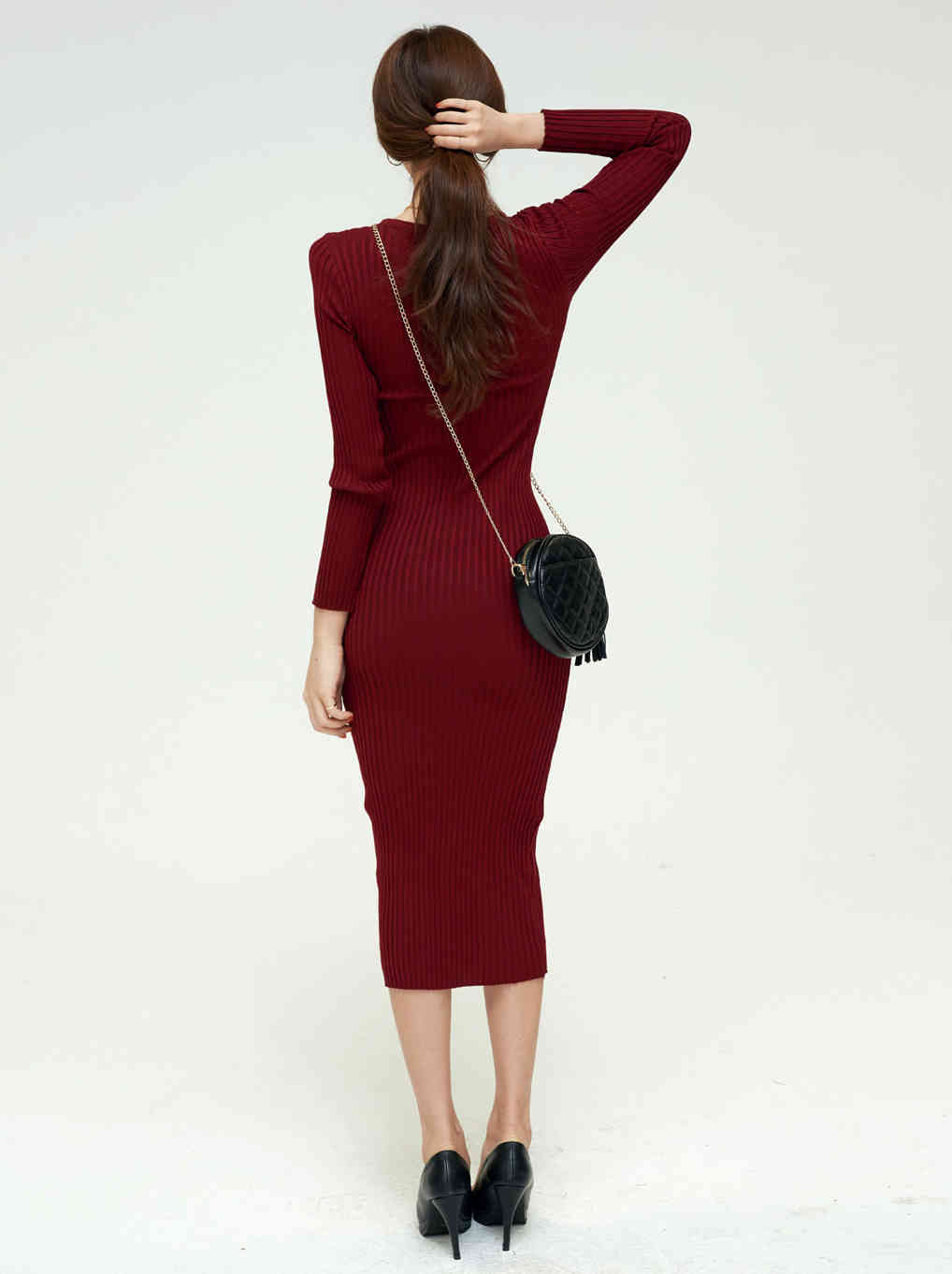 Women Autumn Winter Knitted Dress V Neck Sexy Slim Elastic Bodycon Long knit Warm Sweater es Vestidos 210519