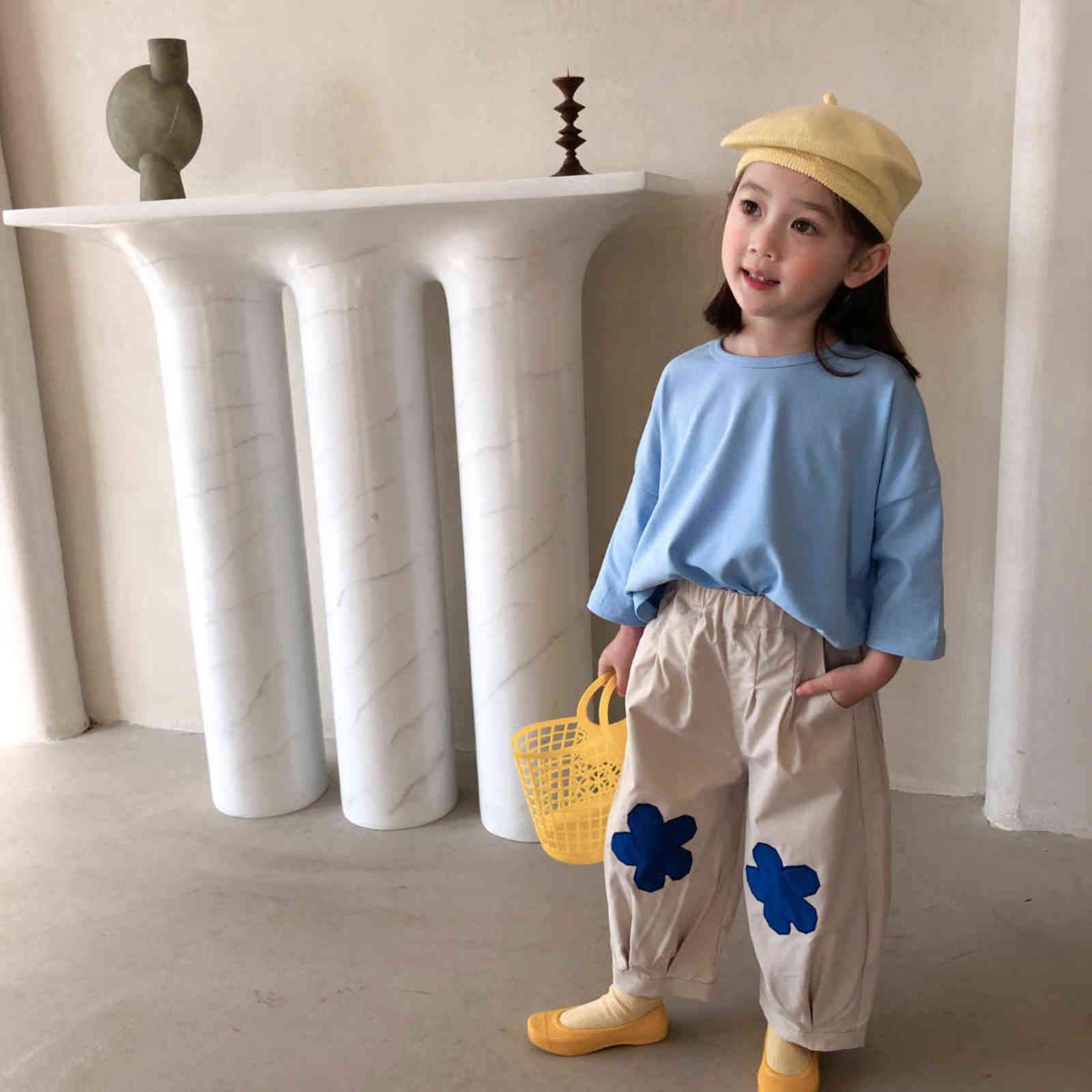 Japan style cute blue flower casual trousers for girls Spring cotton loose pants 2-7Y 211103