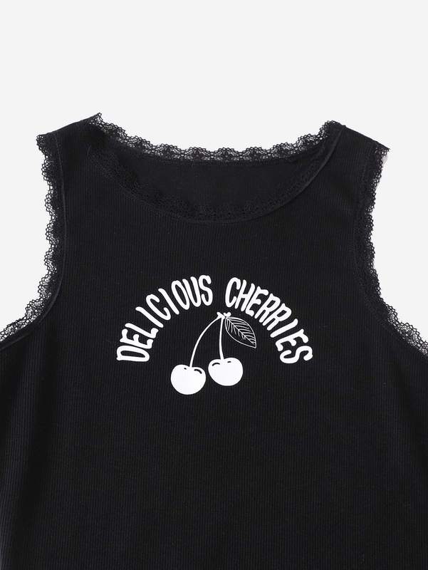 Teen Girls Cherry & Letter Graphic Contrast Lace Dress SHE