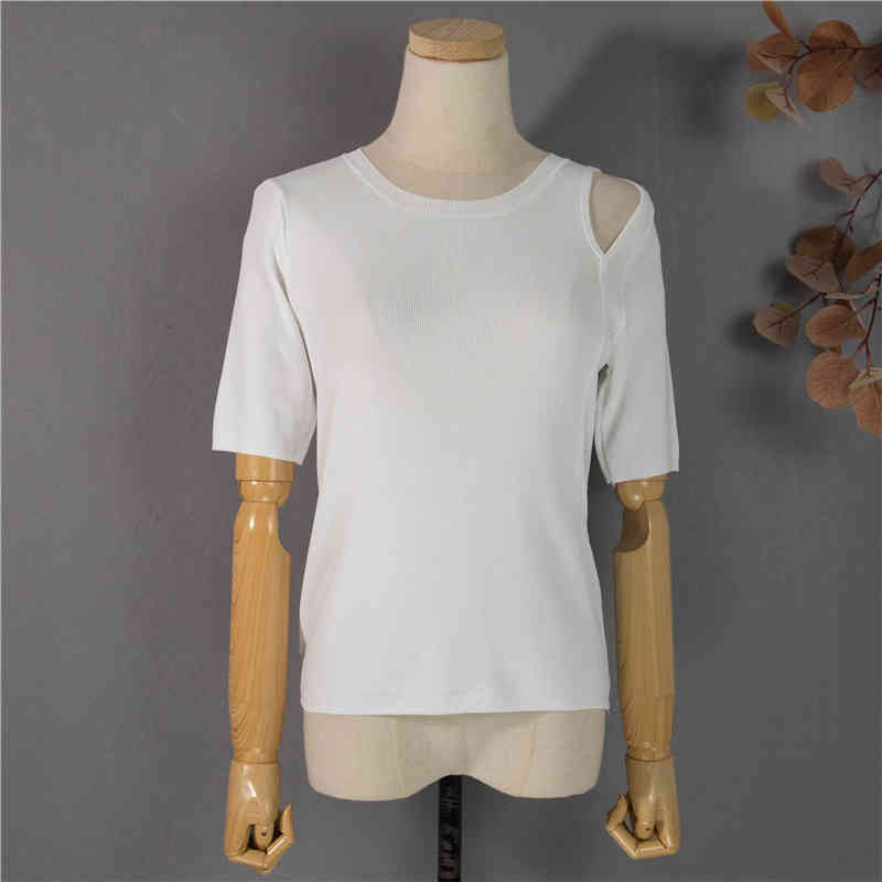 Shoulder Open Hollow Knitted T Shirt Women Summer Short Sleeve O-neck Tops Tees Korean Fashion Solid Female T-shirt Femme 210514