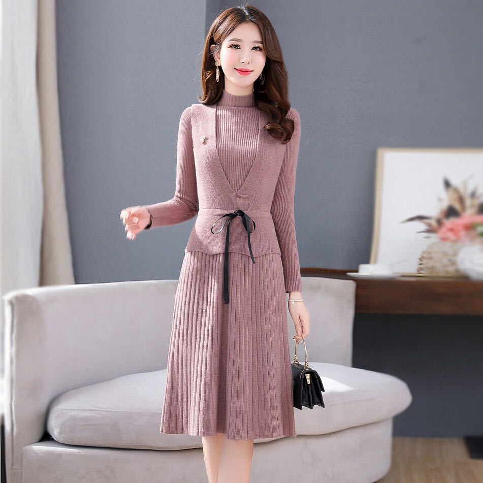 knitted two-piece dress autumn winter new long-sleeve button turtleneck dress and sweater vest elegant mid-length thick dresses, Black;gray
knitted two-piece dress autumn winter new long-sleeve button turtleneck dress and sweater vest elegant mid-length thick dresses, Black;gray