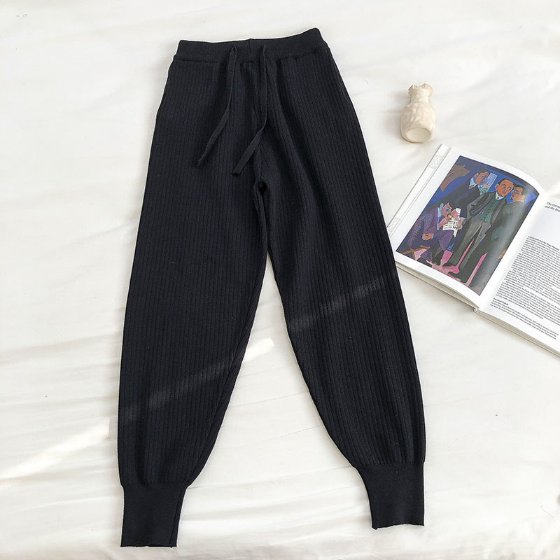 Nomikuma Autumn Winter Women Sweater Pants Lace Up High Waist Knitted Harem Pants Causal Solid Femme Anke Trousers 6C965 210427