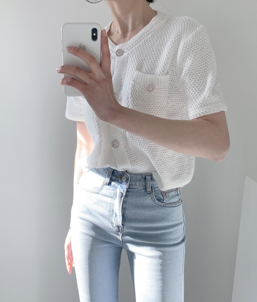 Women Fashion O-Neck Short sleeve knitting Casual Sweater Female Hollow Out Single-breasted Chic Cardigan Top 210519