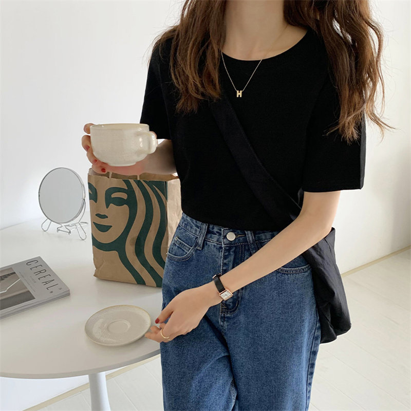 Simple Japanese Minimalist Summer Women Streetwear Brief Chic Thin Versatile Short Sleeve Solid Korean T-shirt 210421