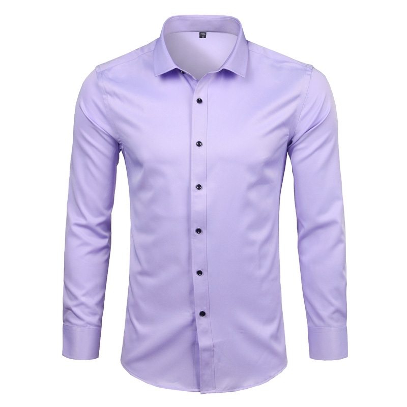 Men's Bamboo Fiber Dress Shirts Casual Slim Fit Long Sleeve Chemise Homme Formal Office Wear Elastic Social Shirts Purple 4XL 210410