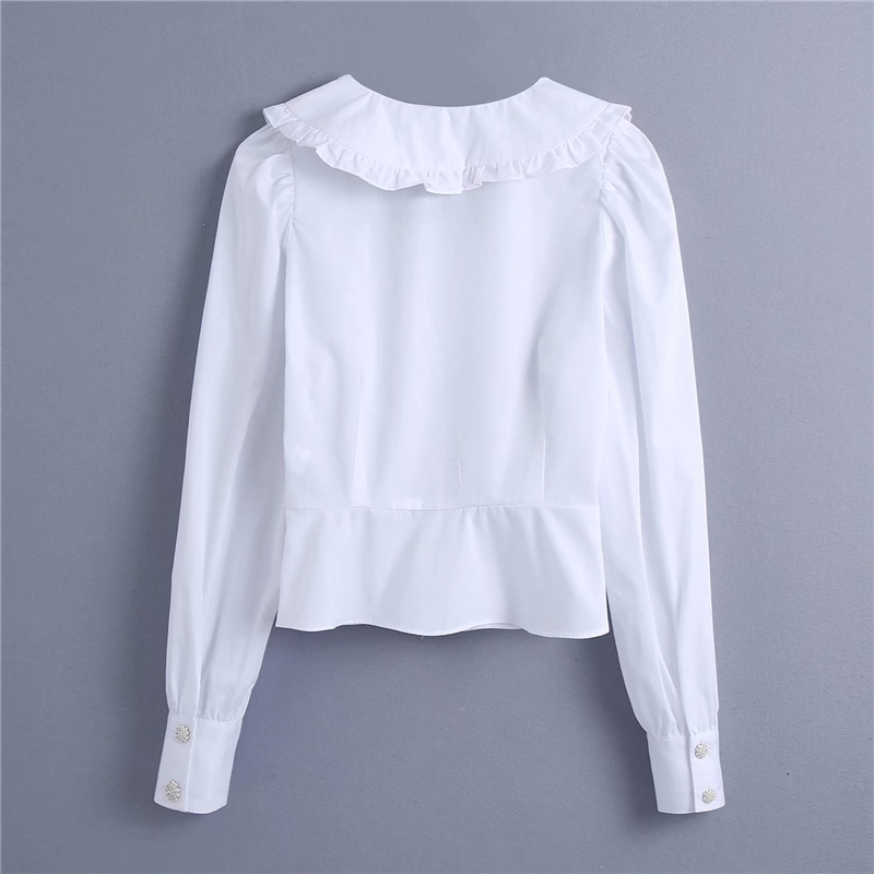 Elegant Women Solid White Patchwork Shirts Fashion Ladies Pearl Button Tops Streetwear Female Chic Ruffles Blouses 210430