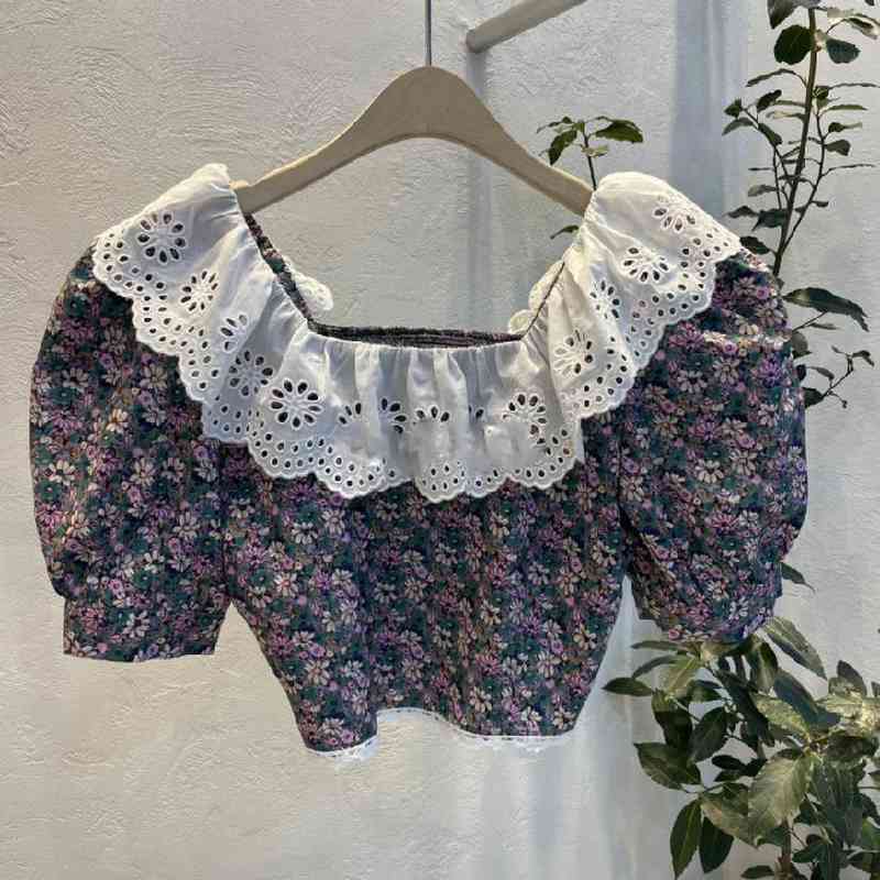 Nomikuma Women Shirts Blouses Lace Ruffle Square Collar Korean Floral Tops Puff Sleeve Summer Short Blusas Mujer Moda 6G669 210427