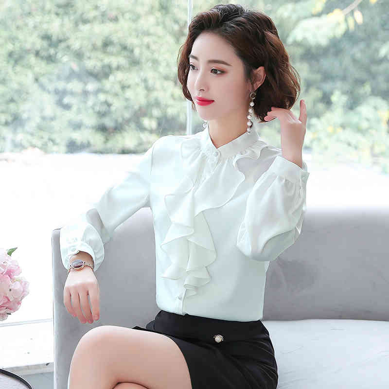 Women White Silver Tops Blouses Long Sleeve Womens Work Ruffle Shirts Stand Collar Slim Waist Office Ladies Camisa 2032A 210420