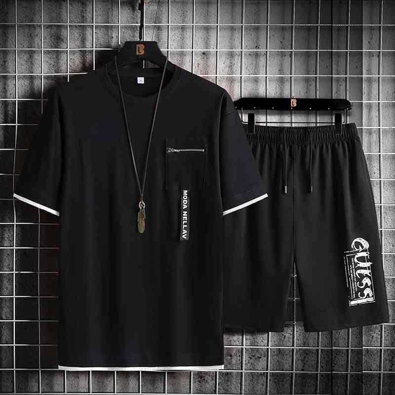 Men's Set Fashion Short Sleeve Tracksuit Sets Ribbon Patchwork Men Sportswear+Casual Sports Shorts Summer Male Sports Suit 2 PCS 210603