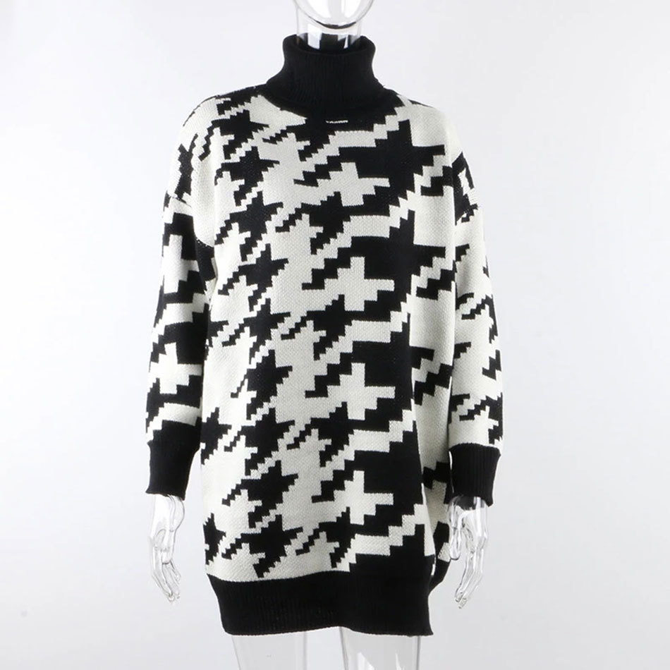Free High Neck Houndstooth Sweater Dress Women's Winter Long Sleeve Oversized Knit Christmas Party 210524
