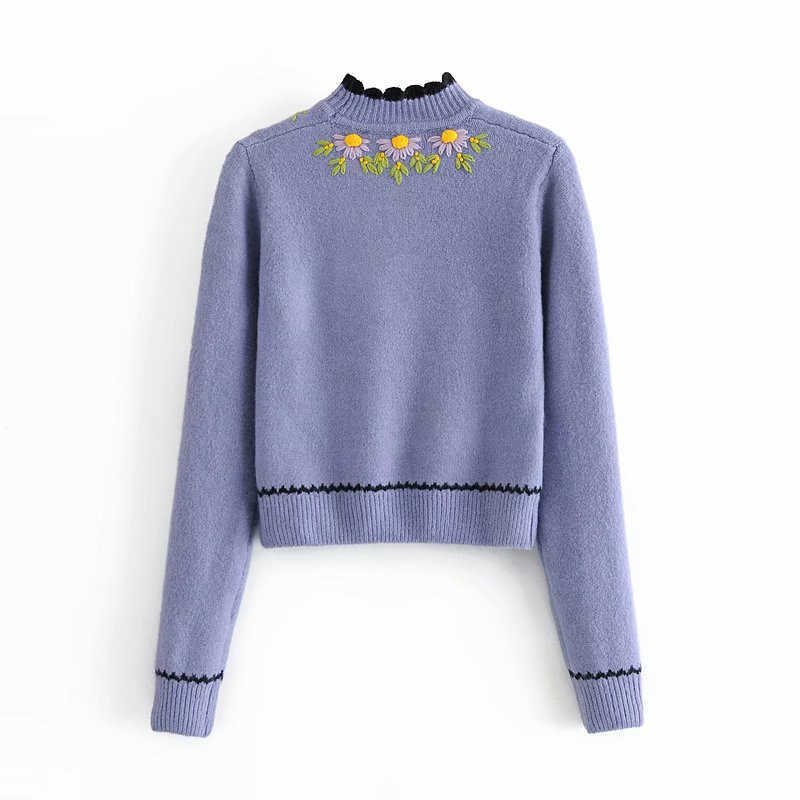 Za Blue Embroidered Knit Sweater Women Turtleneck Long Sleeve Embroidery Floral Knitted Top Woman Chic Slim Winter Pullover 210602