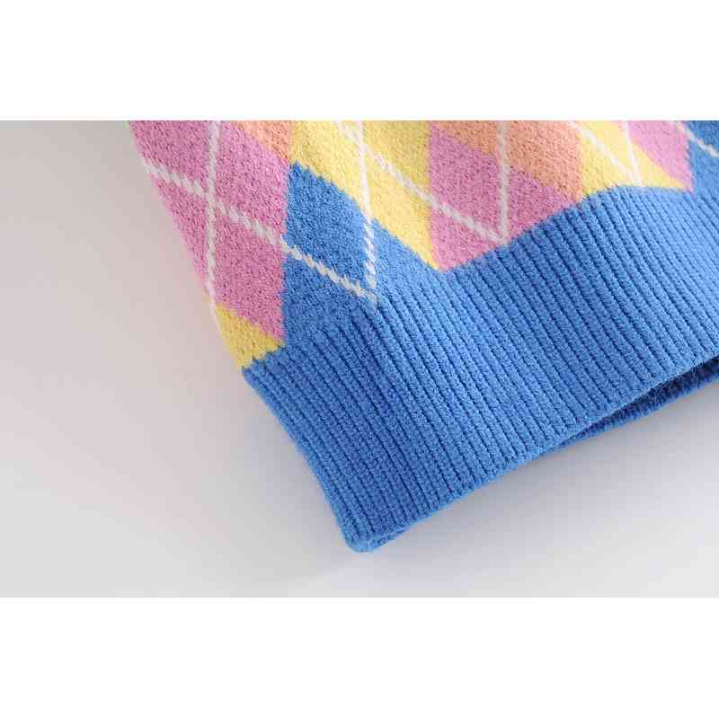 Preppy Style Pink Argyle Plaid Knitted Sweater Vest Women 90s Vintage Korean Clothing V Neck Tank Top Y2K Knitwear Sleeveless 210429