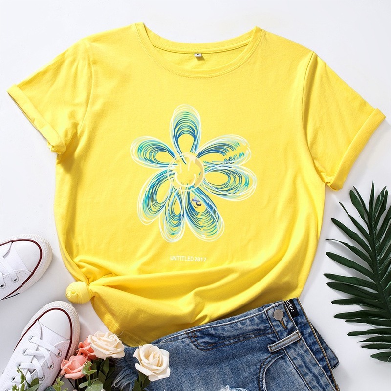JCGO Summer Cotton Women T Shirt 5XL Plus Size Cute Flower Print Short Sleeve Graphic Tees Tops Casual O-Neck Oversized TShirt 210406
