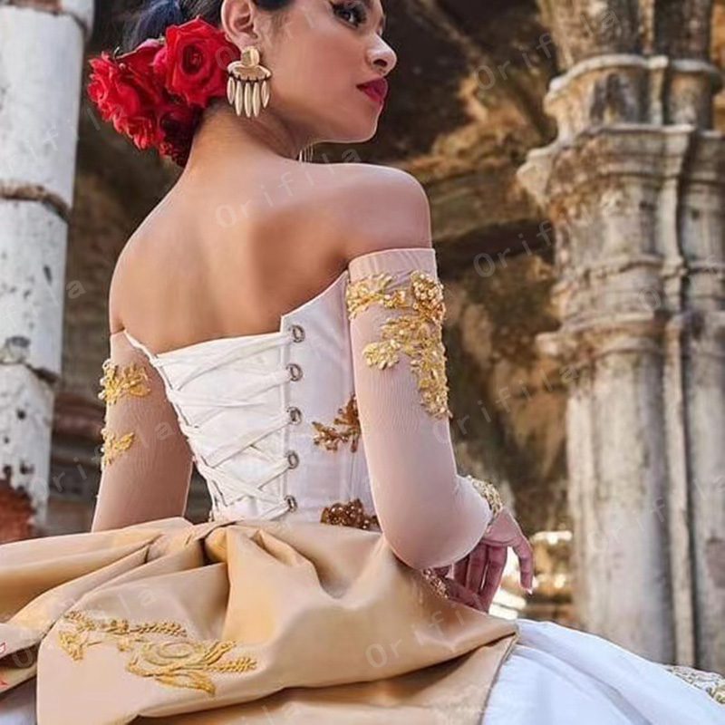 Charro Mexican Quinceanera Prom Dresses 2021 Off Shoulder long sleeve gold ruffles edge sweety 15 Misquinceanos Party Gowns