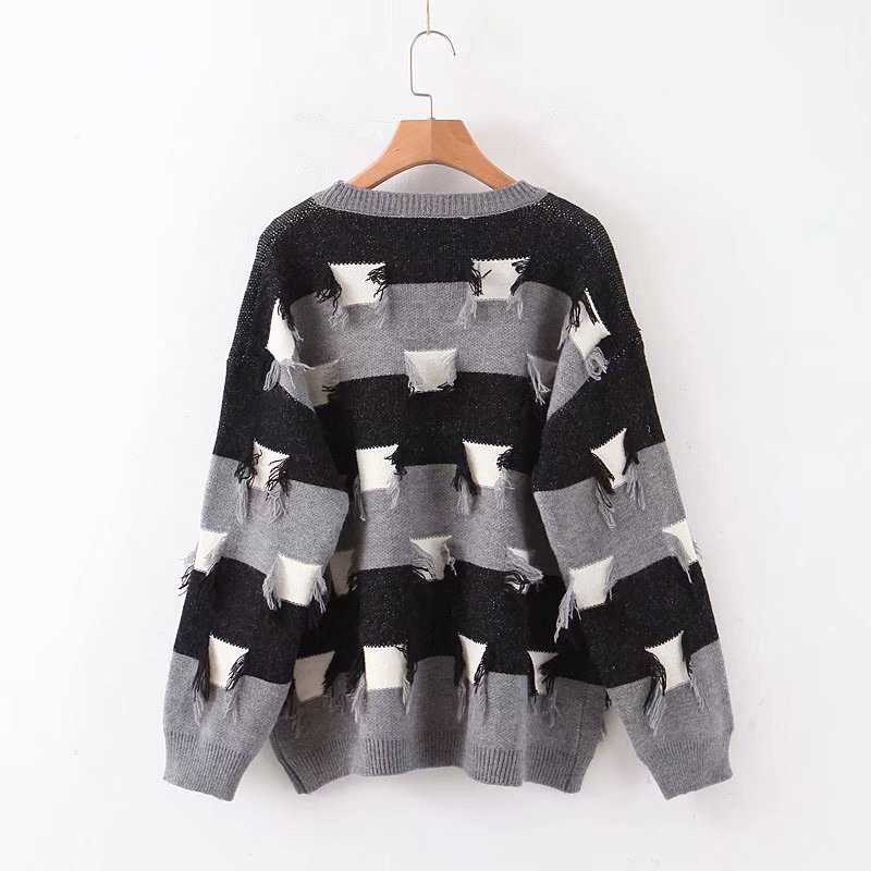 H.SA Women Pullover and Sweaters Oneck Long Sleeve Loose Knitwear Broken Hole Korean Knit Jumpers Pink Pull Sweater Casual Tops 210716