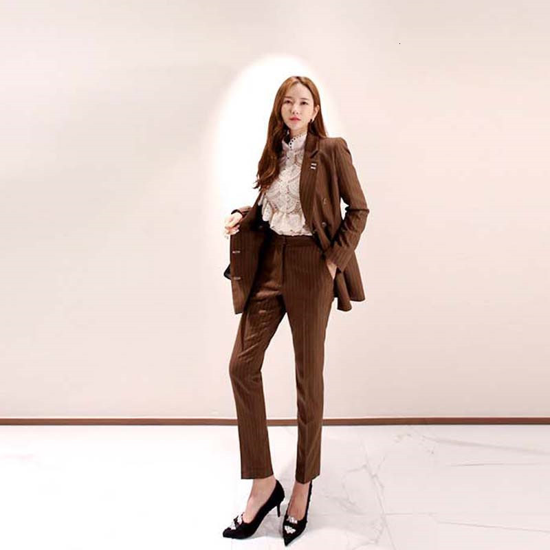 Comelsexy Autumn Notched Coat Double Breasted Blazer Slim Long Pant Striped Women's Two Piece Sets Office Suits 210515