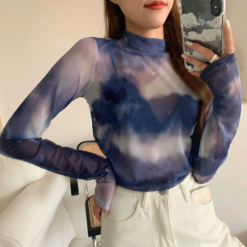 Yedinas Tie Dye Mesh Tops Sexy Turtleneck Summer T-shirt Women Spring See Through Long Sleeve Tshirts Y2k Fashion T Shirts 210527