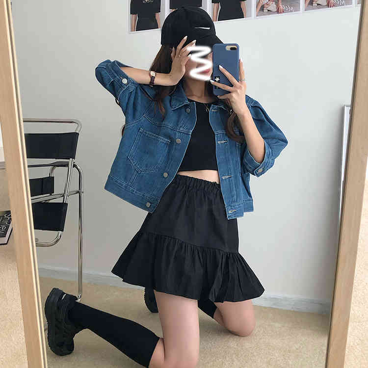 SML Women's korean fashion Jean Coats autumn Women loose Denim Jacket puff Sleeve Loose Female Girls Outwear coats (78513) 210423