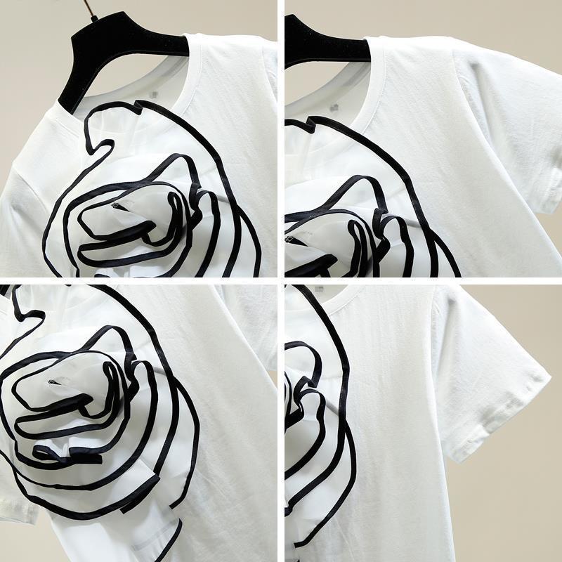Flower Ruffle T-shirt Female Summer Japanese Loose Black White Tee Fashion Women Tops T Shirt Elegant Chic 210519