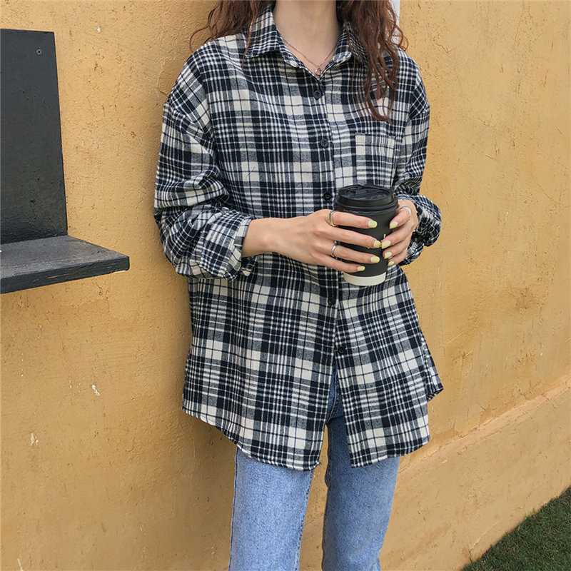 Japanese Plaid Leisure Geometric Large Size Tops Office Loose All Match Women Casual Blouses Long Sleeve Shirts 210421