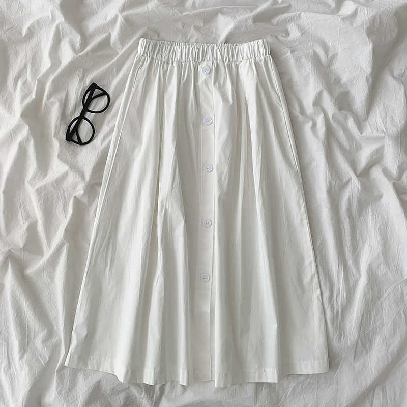 Woman Skirts Korean Buttons A-line Mid-calf Skirt Stretch High Waist Fashion Solid Faldas Mujer Moda 6G828 210603