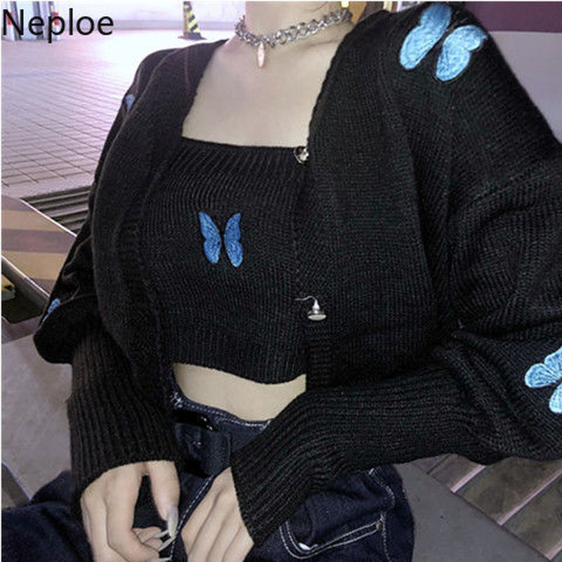 Neploe Women Sets Casual Butterfly Embroidery Sling Coat Two-piece Suit Korean Kawaii Knitted Suit Cropped Outfits for Women 210422