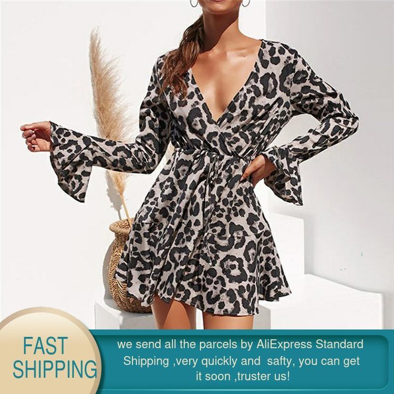 Summer Chiffon Dress Women Leopard Plus Size Boho Beach es Casual Ruffle Long Sleeve A-line Mini sexy Party 210428