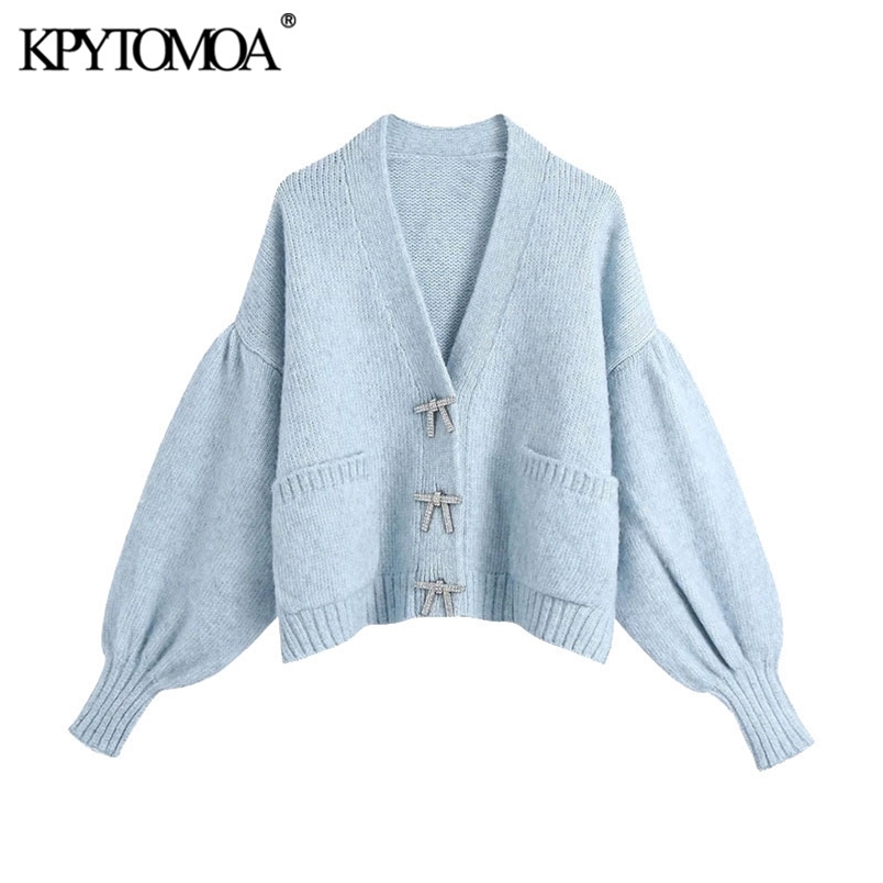 Women Fashion Rhinestone Buttons Loose Knitted Cardigan Sweater Long Sleeve Pockets Female Outerwear Chic Tops 210420