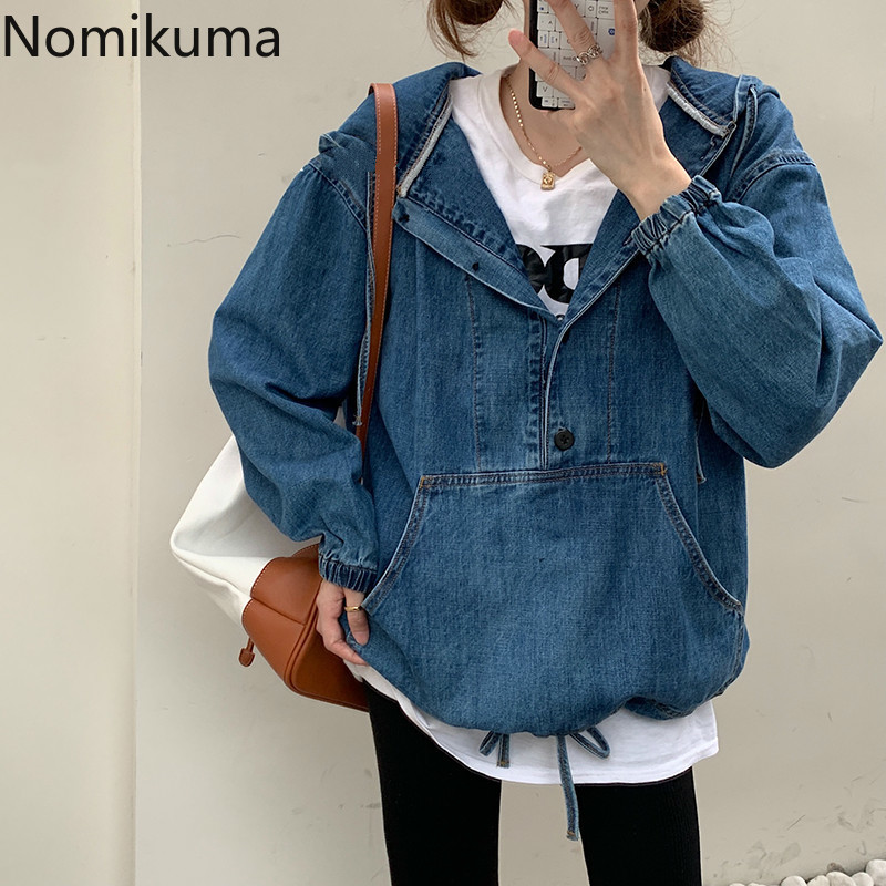 Nomikuma Jeans Hooded Sweatshirt Autumn Causal Long Sleeve Women Hoody Korean Drawstring Pocket Demin Hoodie Jumper 6C511 210427