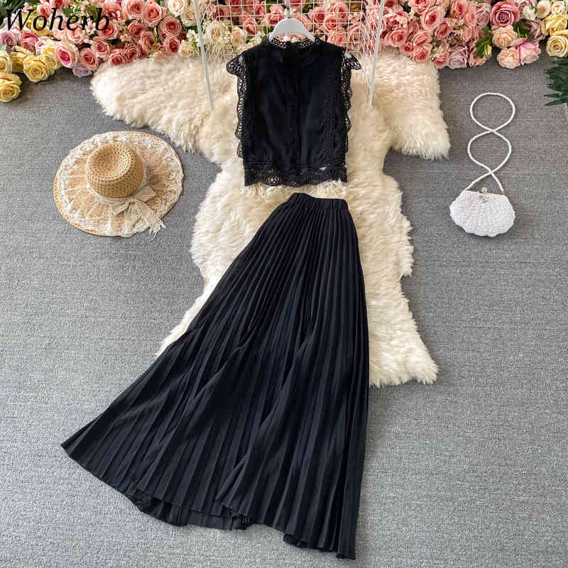 Summer Women 2 Piece Set Solid Tank Chiffon Lace Blouse+High Waist Pleated Skirts Beach Style Fashion Korean Outfits 210519