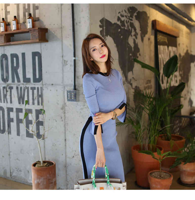 2 Piece Set Women Suit Autumn Winter hit color Knit Sweaters Blouse Tops and high waist Long Skirts Crop Top Skirt 210519
