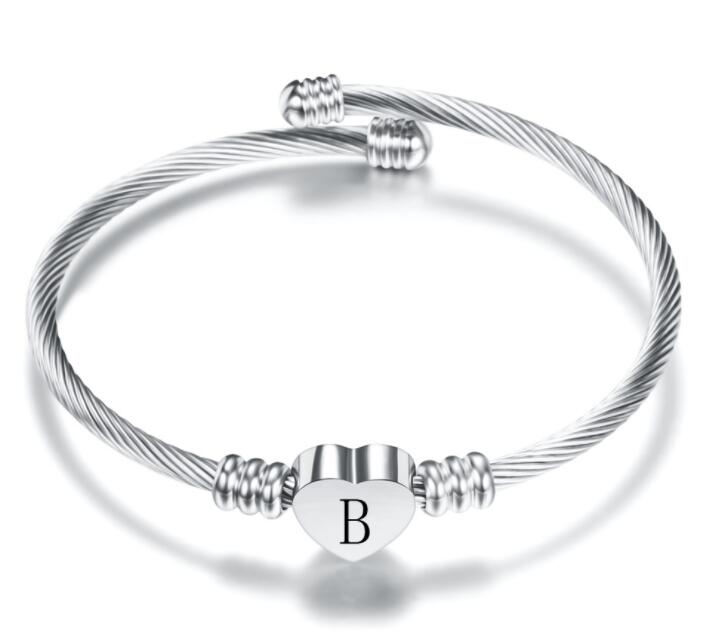 Fashion Heart Charm Bangle With Initial Alphabet Letter Engrave High Quality Women Jewelry Cuff Bangles Wholesale For Party Gift GC473