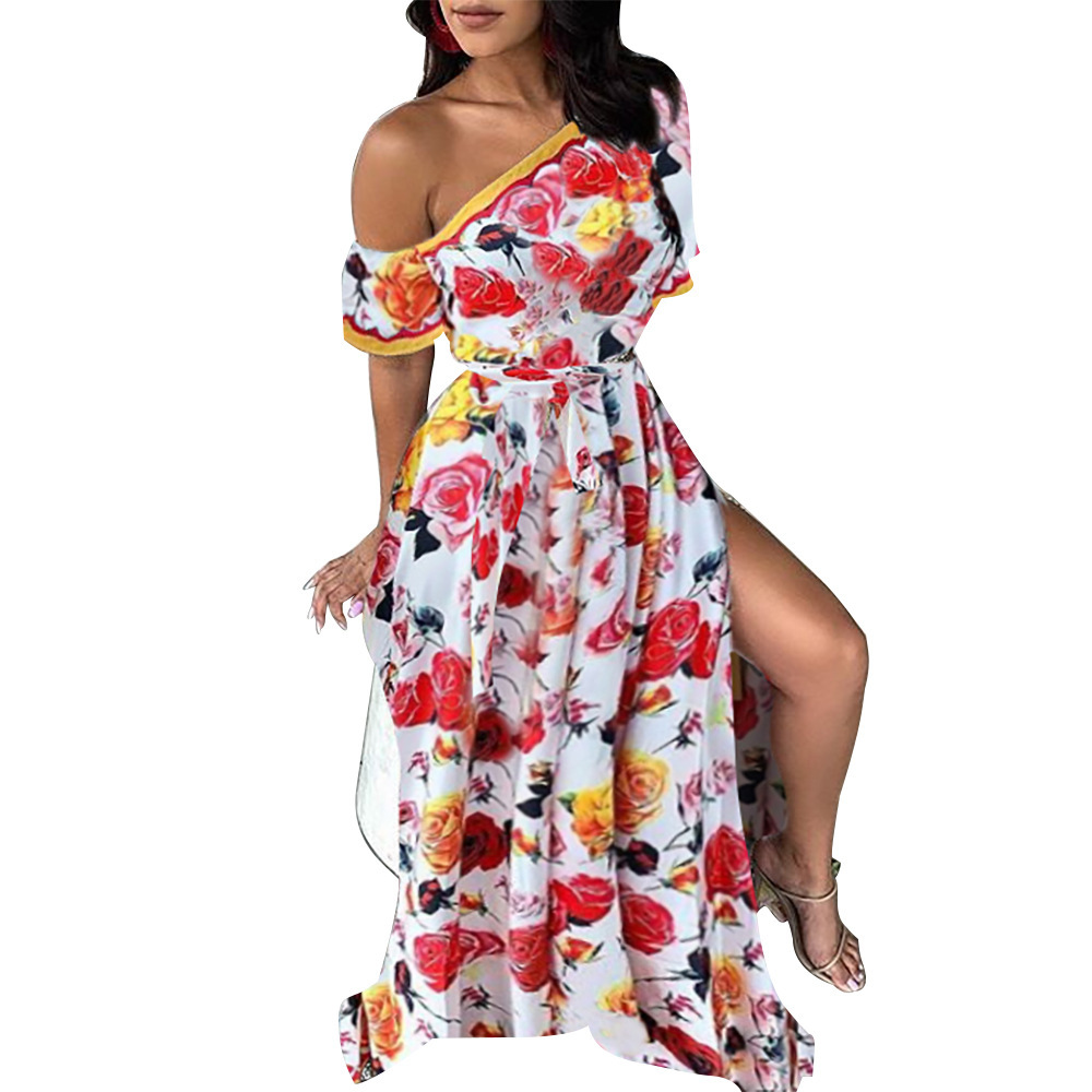 Women Dress Printed Bohemia es Sexy Long Print Floral Maxi Oblique Shoulder Split Plus Size Summer es 210513