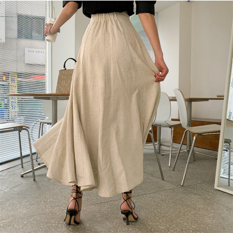 High Waist Skirts Womens Summer OL Elegant Vintage Stylish Solid Cotton Linen A-Line Irregular Split Long Skirt 210421