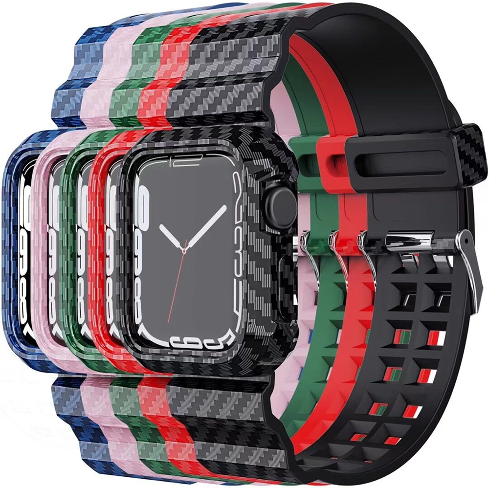 Conjoined Straps Commercial Carbon Fiber Texture Stripe Wristband Sport Band Protective Bracelet Bands for Apple Watch 7 iWatch 41mm 45mm free shippin