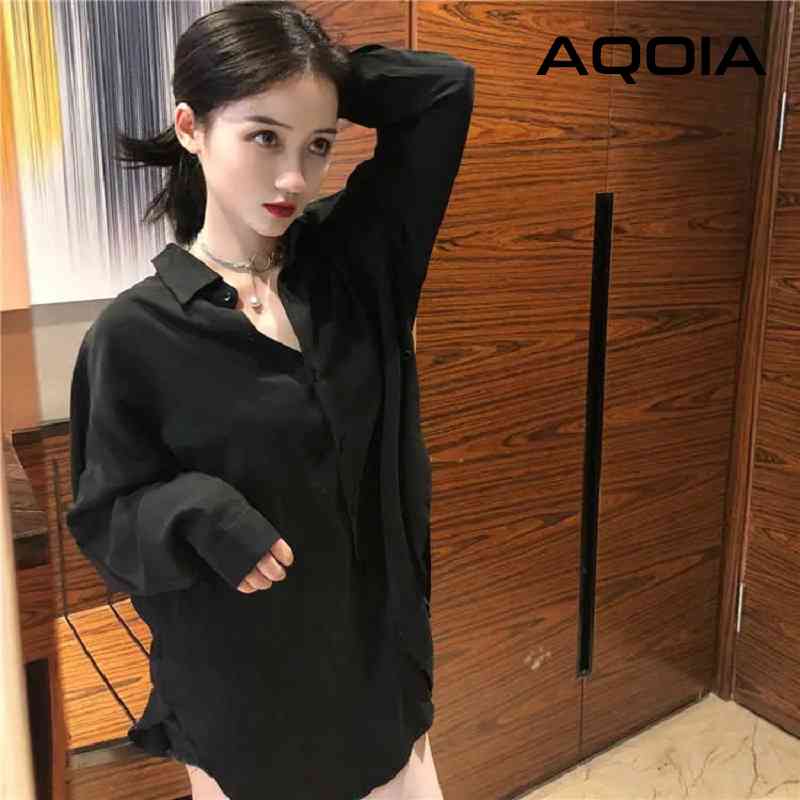 AQOIA Streetwear Long Sleeve Chiffon Plus Size Black White Women Shirt Button Up Loose Ladies Blouses Female Shirts 210521