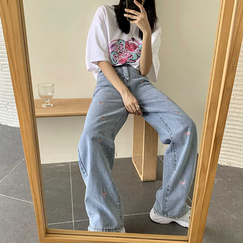 GJBD Women's Jeans Vintage Heart Shaped Embroidery Streetwear High Waist Wide Leg Pants Baggy Harajuku Straight Denim Trouser 210809