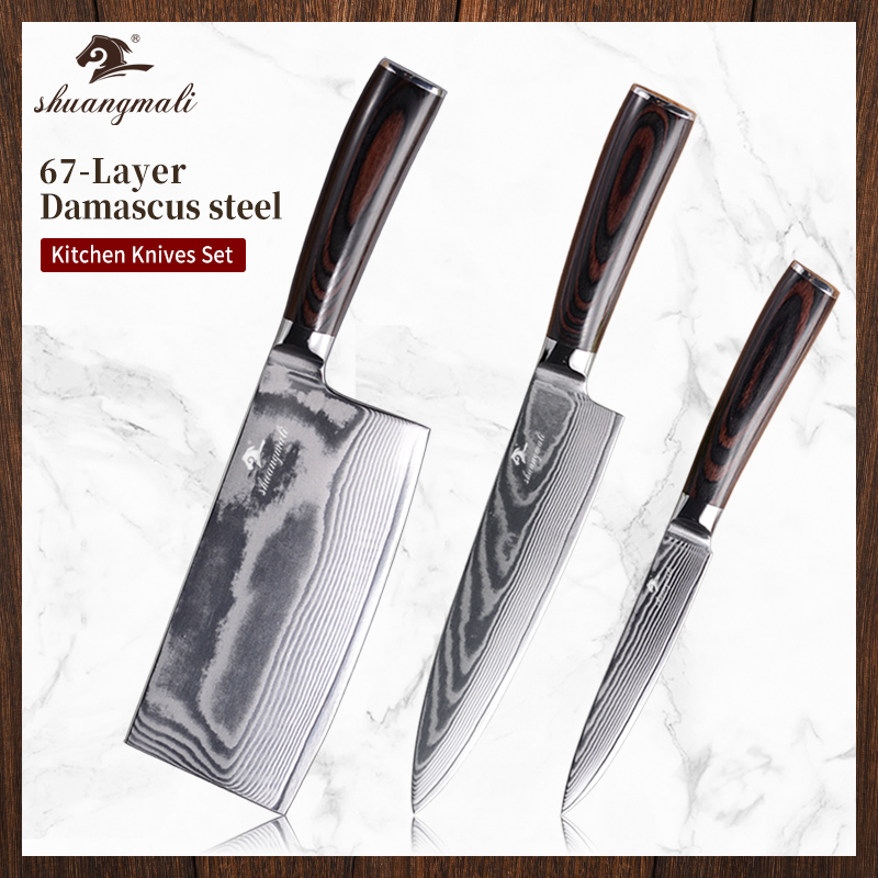 3PCS Kitchen Knife Set 67ayers V10 Damascus Kitchen Chef Knife Chinese Ceaver Vegetabe Fruit Chef Knives Set With Wood Hande
3PCS Kitchen Knife Set 67ayers V10 Damascus Kitchen Chef Knife Chinese Ceaver Vegetabe Fruit Chef Knives Set With Wood Hande