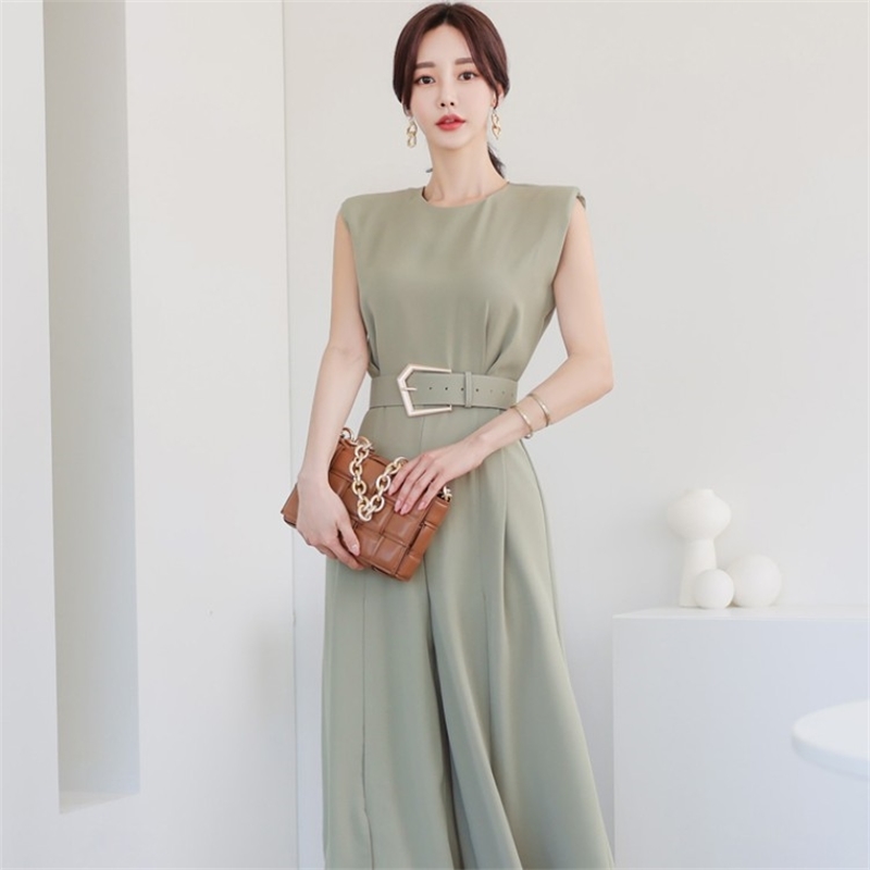 Women Summer Sleeveless Jumpsuit Temperament Elegant Belted Solid Casual Office OL Work Slim Split Wide Leg Rompers 210519