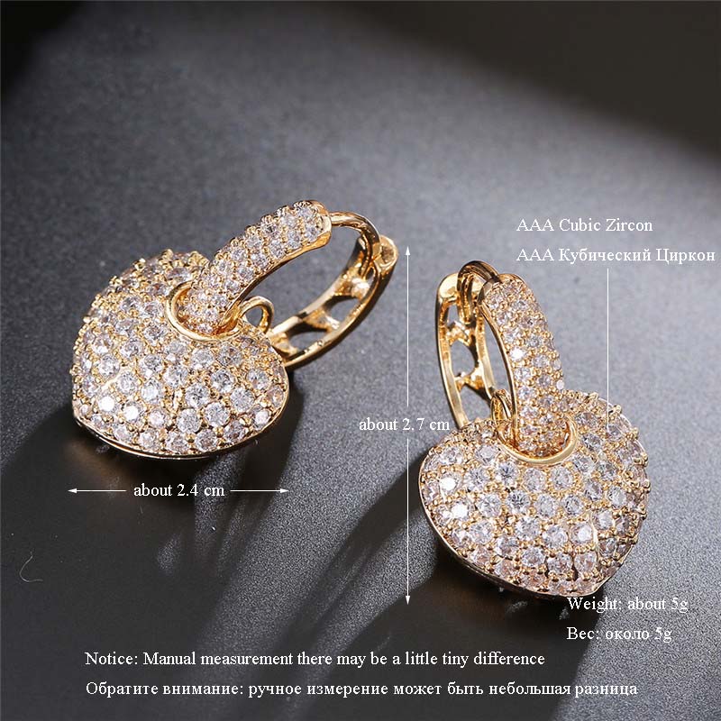 Cubic Zirconia Micro Paved Heart Dangle Earrings for Women Rose Gold Color Clear Crystal Hip Hop Jewelry Ice Out Bling Rock Punk Lover Party Gifrs for