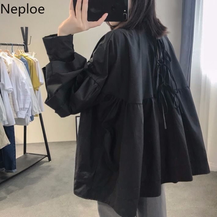 Neploe Sweet Stand Neck Shirts Women Spring Korean Blouse Lace-up Lantern Sleeve Plus Size Loose Blouses Fashion Tops Female 210422
