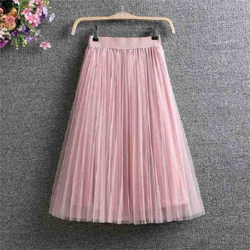 Ladies Vintage Summer Skirts Womens Casual Elastic High Waist Elegant Sexy Midi Pleated Mesh Tutu Women Tulle Female 210619