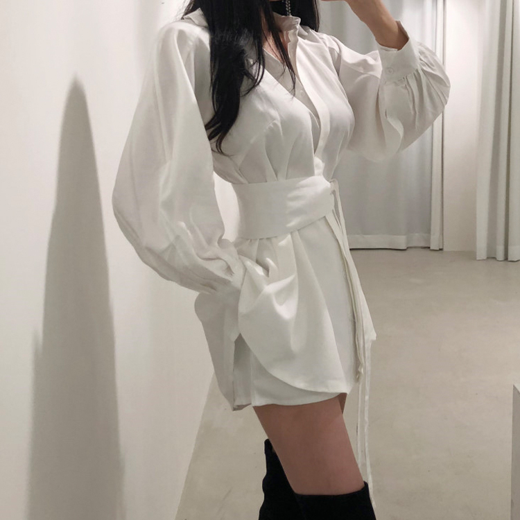 Women 2 Piece Set Korea Tie Belt Loose Shirt +Casual Two Outfits Spring Shorts Clothing Fashion 210520