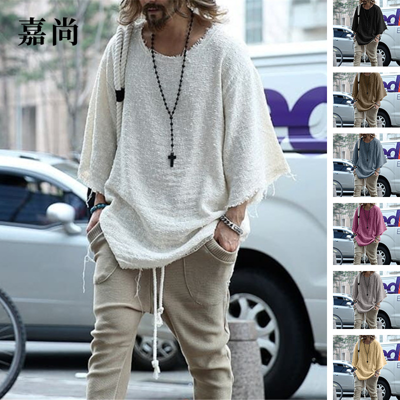 Women's Tops Tees Spot European and American men's 2021 long-sleeved solid color top trendy loose T-shirt