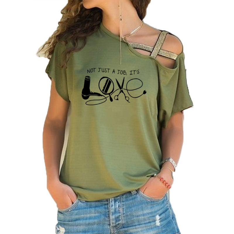 Hairdresser T Shirt High Quality Knitted Sunlight Leisure Women T Shirts Humorous Top Tee Irregular Skew Cross Bandage Tee Tops 210406