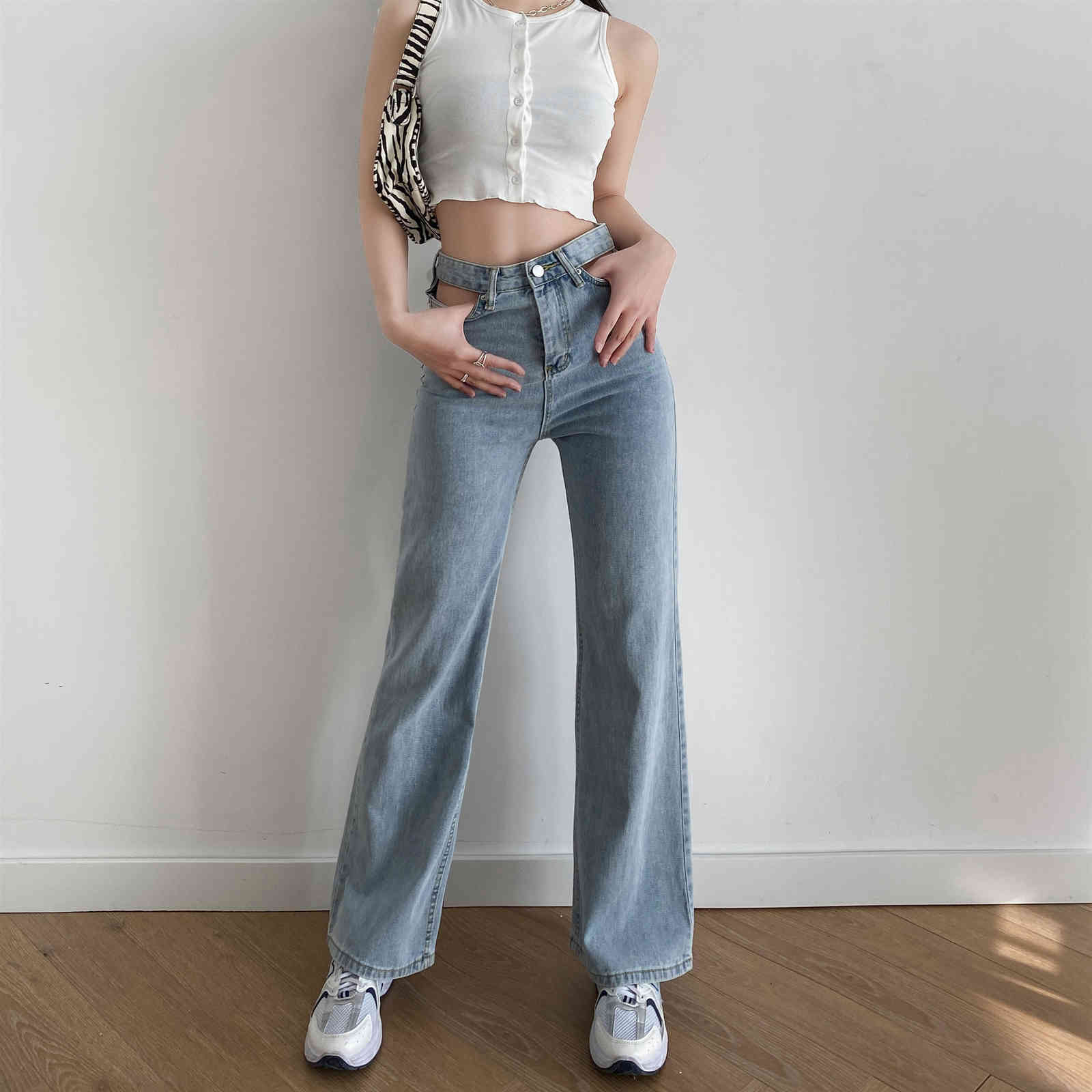 Spring 90s Vintage Hollow Out High Waist Jeans Women Mum Denim Pants Loose Street Casual Wide Leg Long Trousers 210429
