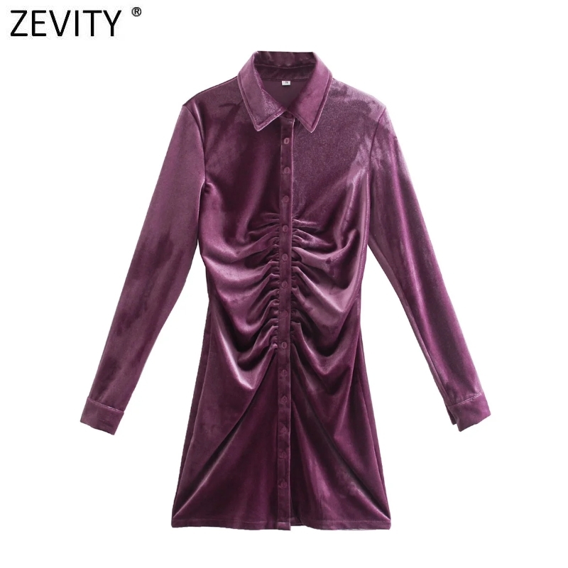 Zevity Autumn Fashion Women Orange Green Color Pleated Single Breasted Slim Shirt Dress Female Long Sleeve Velvet Vestido DS4617 210409